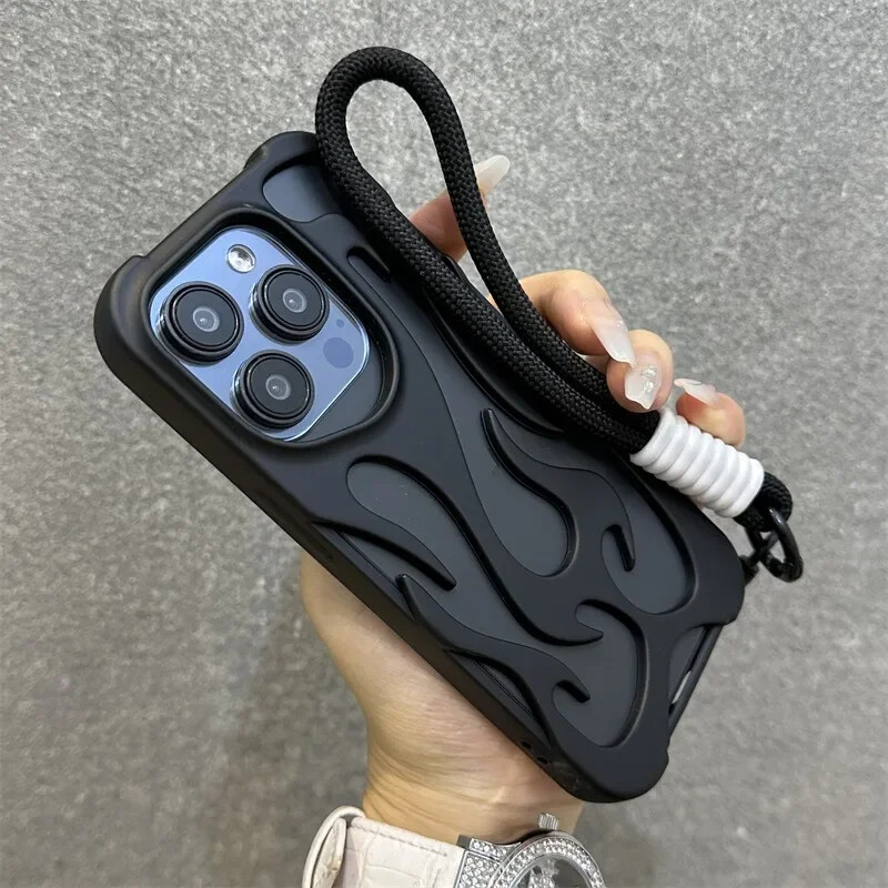 Калъф за телефон с кухо разсейване на топлината 3D пламък за iPhone 16 Pro Max 15 14 13 12 11 Pro Max Plus Мода с лента за китка Меко покритие