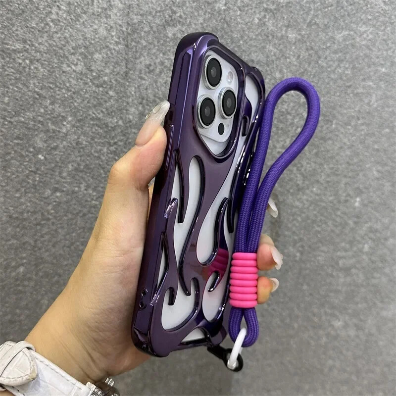 Калъф за телефон с кухо разсейване на топлината 3D пламък за iPhone 16 Pro Max 15 14 13 12 11 Pro Max Plus Мода с лента за китка Меко покритие