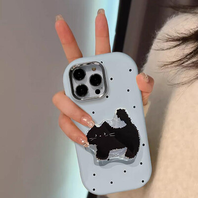 Mielas Polka Dot TPU telefono dėklas su kačių laikikliu, skirtas iPhone 15 14 13 12 11 Pro Max atsparus kritimui animacinio telefono dėklas