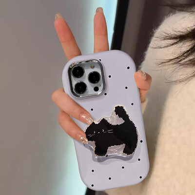 Mielas Polka Dot TPU telefono dėklas su kačių laikikliu, skirtas iPhone 15 14 13 12 11 Pro Max atsparus kritimui animacinio telefono dėklas