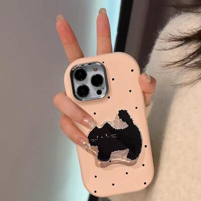 Mielas Polka Dot TPU telefono dėklas su kačių laikikliu, skirtas iPhone 15 14 13 12 11 Pro Max atsparus kritimui animacinio telefono dėklas