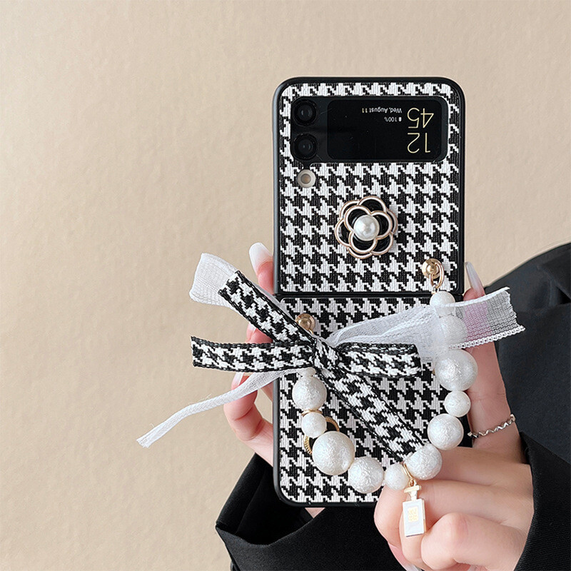 Black and White Check Pearl Camellia telefonska torbica za Samsung Galaxy Z Flip 3 4 5 Flip preklopni zaslon prijenosna lančana torbica za telefon