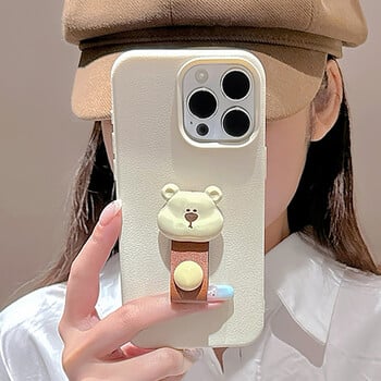 Korea Cute 3D Bear Finger Ring Υποστήριξη Θήκη τηλεφώνου για iPhone 15 14 13 11 12 Pro Max Plus Lovely Kawaii Δερμάτινο κάλυμμα