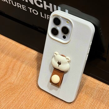 Korea Cute 3D Bear Finger Ring Υποστήριξη Θήκη τηλεφώνου για iPhone 15 14 13 11 12 Pro Max Plus Lovely Kawaii Δερμάτινο κάλυμμα