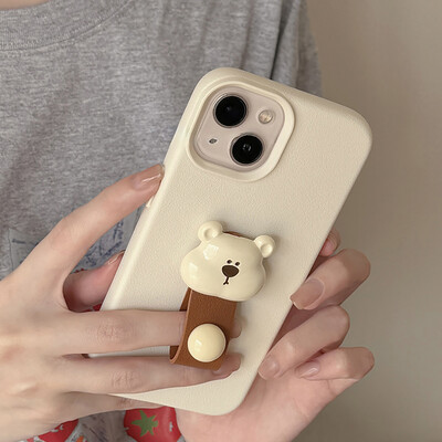 Korea Cute 3D Bear Finger Ring Υποστήριξη Θήκη τηλεφώνου για iPhone 15 14 13 11 12 Pro Max Plus Lovely Kawaii Δερμάτινο κάλυμμα