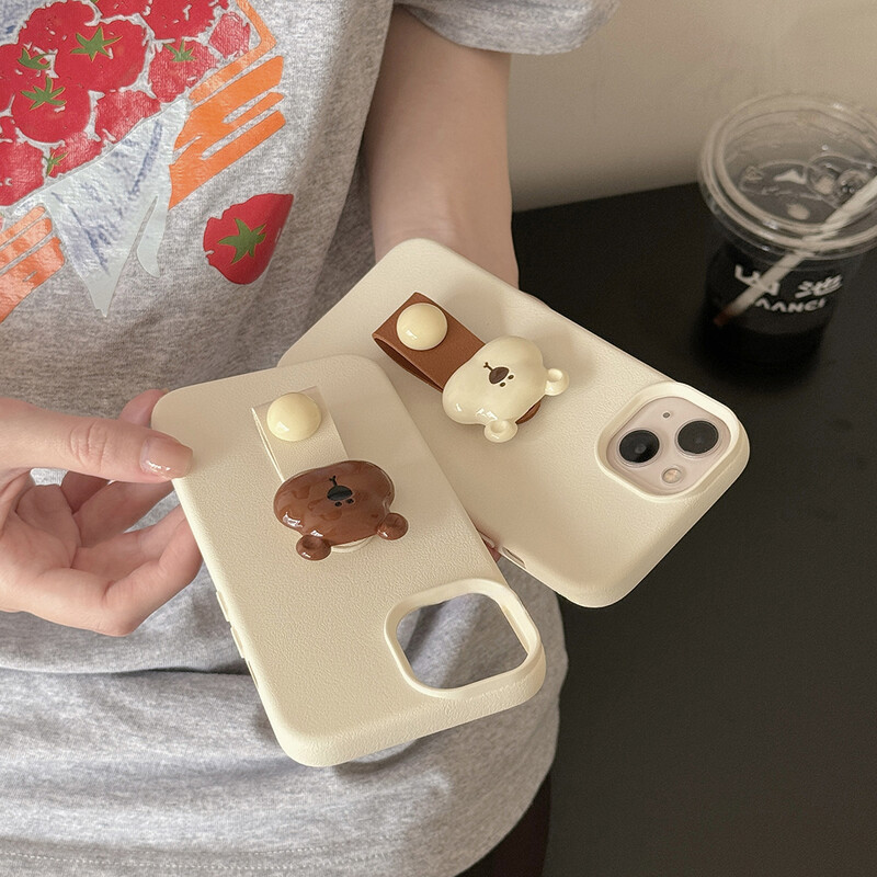 Корейски сладък 3D пръстен с пръст с мече Поддържа калъф за телефон за iPhone 15 14 13 11 12 Pro Max Plus Прекрасен калъф с кожена шарка Kawaii