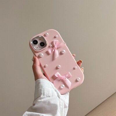 Για iPhone 15 14 13 12 11 Pro Max Case 3D Pearl Bowknot Προστατευτικό κάλυμμα σιλικόνης με προστασία από πτώση