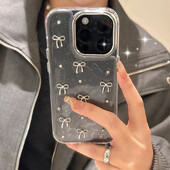INS Korea Glitter 3D Ασημένια θήκη τηλεφώνου με φιόγκους για iPhone 16 15 14 13 12 11 Pro Max 7 8 Plus XS Epoxy Shell Girl Clear Cover