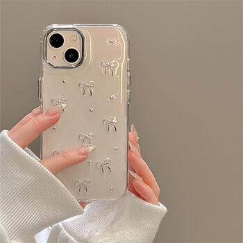 INS Korea Glitter 3D Ασημένια θήκη τηλεφώνου με φιόγκους για iPhone 16 15 14 13 12 11 Pro Max 7 8 Plus XS Epoxy Shell Girl Clear Cover