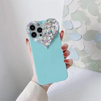 Θήκη τηλεφώνου Love Heart Rhinestone Protect Lens για IPhone 16 15 14 13 12 11 Pro Xs Max XR 8Plus SE2/SE3 TPU Αντικραδασμικό πίσω κάλυμμα