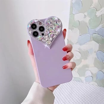 Θήκη τηλεφώνου Love Heart Rhinestone Protect Lens για IPhone 16 15 14 13 12 11 Pro Xs Max XR 8Plus SE2/SE3 TPU Αντικραδασμικό πίσω κάλυμμα