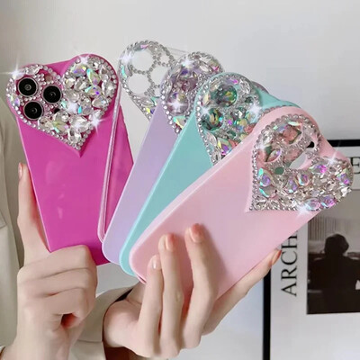 Θήκη τηλεφώνου Love Heart Rhinestone Protect Lens για IPhone 16 15 14 13 12 11 Pro Xs Max XR 8Plus SE2/SE3 TPU Αντικραδασμικό πίσω κάλυμμα