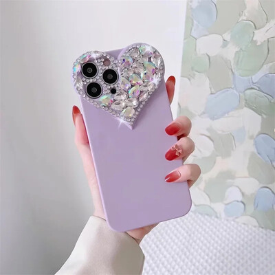 Love Heart Rhinestone Protect Lens Telefono dėklas, skirtas iPhone 16 15 14 13 12 11 Pro Xs Max XR 8Plus SE2/SE3 TPU smūgiams atsparus galinis dangtelis