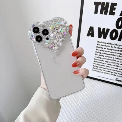 Love Heart Rhinestone Protect Lens Telefono dėklas, skirtas iPhone 16 15 14 13 12 11 Pro Xs Max XR 8Plus SE2/SE3 TPU smūgiams atsparus galinis dangtelis