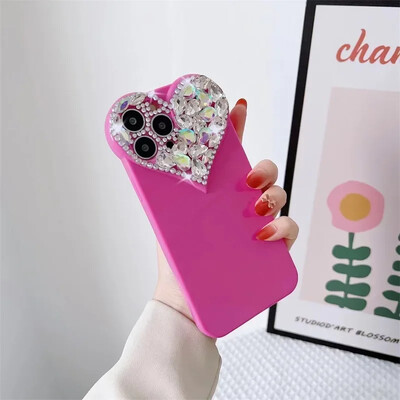 Love Heart Rhinestone Protect Lens Telefono dėklas, skirtas iPhone 16 15 14 13 12 11 Pro Xs Max XR 8Plus SE2/SE3 TPU smūgiams atsparus galinis dangtelis
