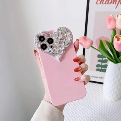 Love Heart Rhinestone Protect Lens Telefono dėklas, skirtas iPhone 16 15 14 13 12 11 Pro Xs Max XR 8Plus SE2/SE3 TPU smūgiams atsparus galinis dangtelis