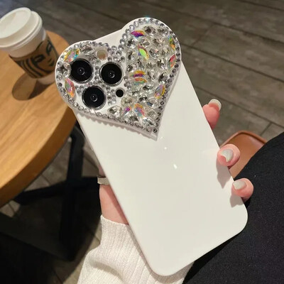 Love Heart Rhinestone Protect Lens Telefono dėklas, skirtas iPhone 16 15 14 13 12 11 Pro Xs Max XR 8Plus SE2/SE3 TPU smūgiams atsparus galinis dangtelis