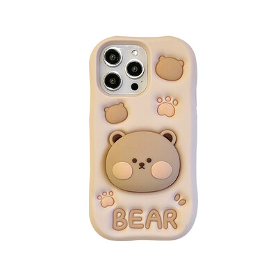 Puikus 3D meškiuko paslėpto laikiklio stovas, silikoninis telefono dėklas, skirtas iPhone 11 12 13 14 15 16 Pro Max XS XR X 7 8 Plus mielas mergaitės dangtelis