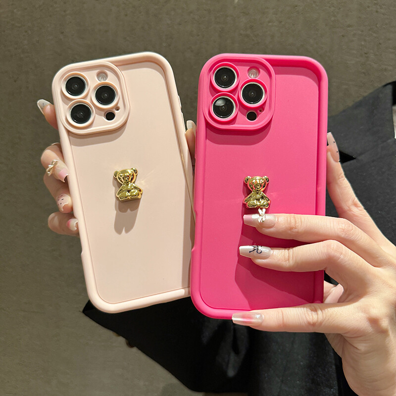 3D Gold Bear silikonska mekana maska za telefon za iPhone 16 15 14 Pro Max 11 12 13 X XS XR 7 8 Plus SE 2020 Candy Matte Cover otporna na udarce