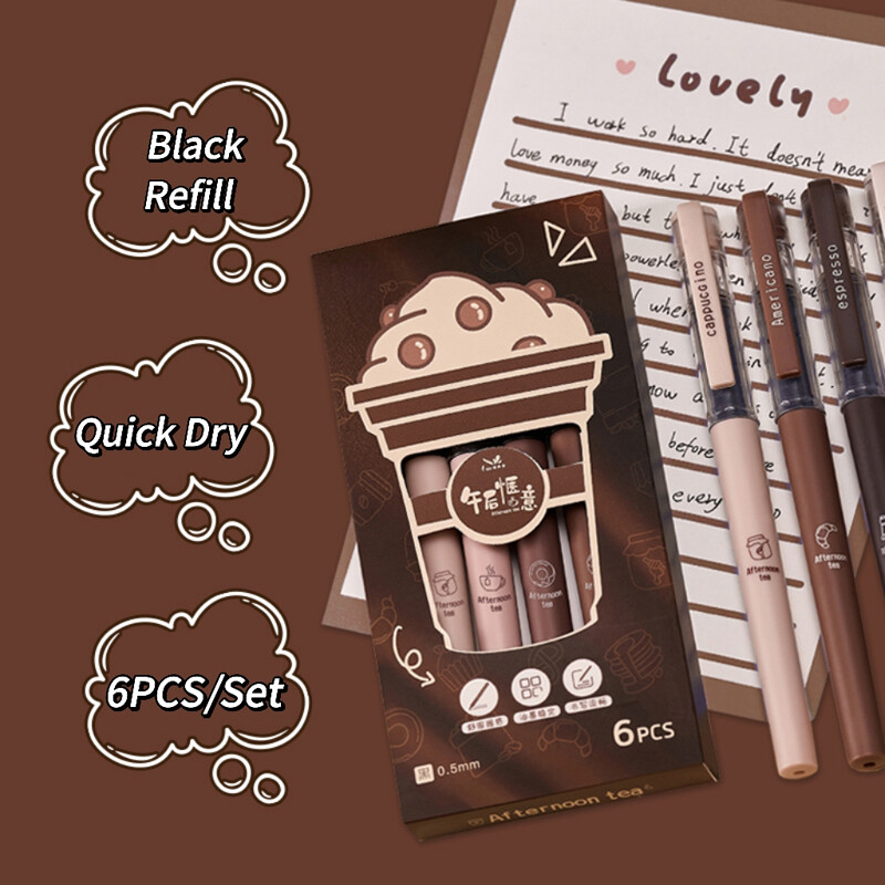 6 TK / komplekti kohviseeria geelpliiats õpilastele Kiiresti kuivav geeltindipliiats 0,5 mm must täidisega kirjutuspliiats Kontori koolitarvete tarvikud