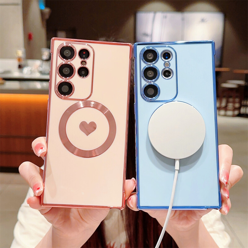 Cute Love Heart Plating For Magsafe Magnetic Phone Case For Samsung Galaxy S24 Ultra S23 Plus S22 S21 S20 Cover for Women Girl