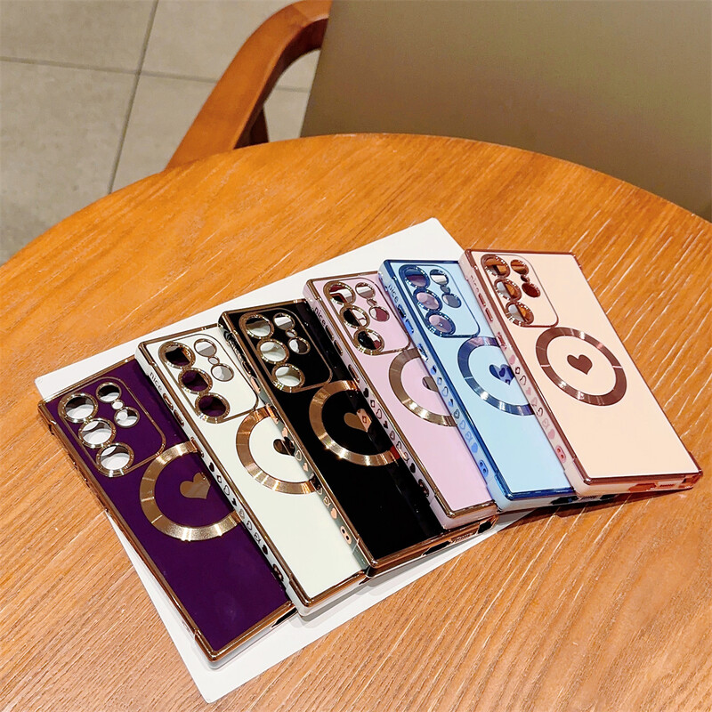 Cute Love Heart Plating For Magsafe Magnetic Phone Case For Samsung Galaxy S24 Ultra S23 Plus S22 S21 S20 Cover for Women Girl