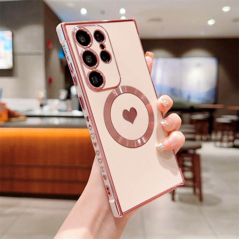 Cute Love Heart Plating For Magsafe Magnetic Phone Case For Samsung Galaxy S24 Ultra S23 Plus S22 S21 S20 Cover for Women Girl