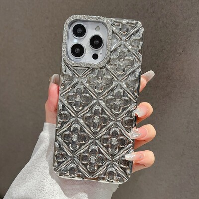 Калъф за телефон с бляскави галванични кристали и цветя за iPhone 16 15 14 13 12 11 Pro Max броня Удароустойчив защитен капак