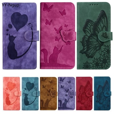 Θήκη Funda S24 Flip Case για Samsung Galaxy S24 S25 Plus S23 Ultra S22 S21 S20 FE Θήκες Cute Cat Butterfly Δερμάτινο πορτοφόλι πίσω κάλυμμα