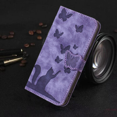 Θήκη Funda S24 Flip Case για Samsung Galaxy S24 S25 Plus S23 Ultra S22 S21 S20 FE Θήκες Cute Cat Butterfly Δερμάτινο πορτοφόλι πίσω κάλυμμα