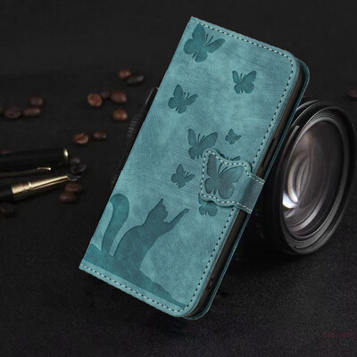 Θήκη Funda S24 Flip Case για Samsung Galaxy S24 S25 Plus S23 Ultra S22 S21 S20 FE Θήκες Cute Cat Butterfly Δερμάτινο πορτοφόλι πίσω κάλυμμα