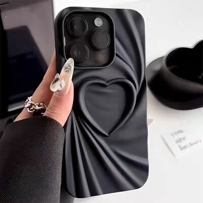 Fashion Fold Wrinkle 3D Love Heart Θήκη τηλεφώνου για iPhone 13 14 15 Pro Max 16 Plus 11 12 ProMax Soft Matte Πλήρες κάλυμμα σιλικόνης