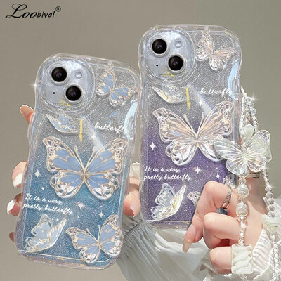 Glitter Butterfly Gradient Lanyard Case za iPhone 14 13 15 16 Pro Max 12 11 X Xr Xs 8 7 Plus Ruka Wrist Chain Soft Wave Cover