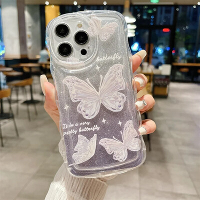 „Glitter Butterfly“ gradiento dirželio dėklas, skirtas „iPhone 14 13 15 16 Pro Max 12 11 Xr Xs 8 7 Plus“ rankos riešo grandinės minkštas banguotas dangtelis