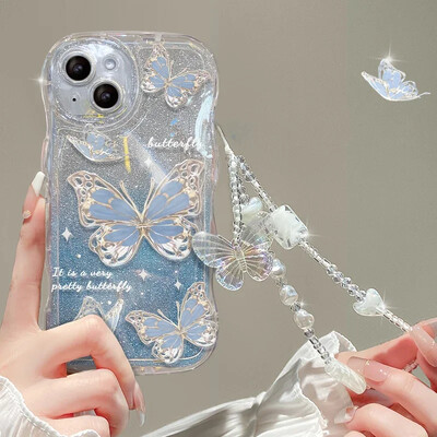 „Glitter Butterfly“ gradiento dirželio dėklas, skirtas „iPhone 14 13 15 16 Pro Max 12 11 Xr Xs 8 7 Plus“ rankos riešo grandinės minkštas banguotas dangtelis