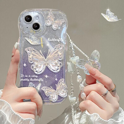 „Glitter Butterfly“ gradiento dirželio dėklas, skirtas „iPhone 14 13 15 16 Pro Max 12 11 Xr Xs 8 7 Plus“ rankos riešo grandinės minkštas banguotas dangtelis