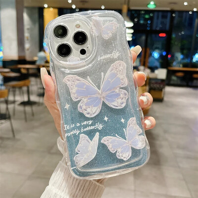 „Glitter Butterfly“ gradiento dirželio dėklas, skirtas „iPhone 14 13 15 16 Pro Max 12 11 Xr Xs 8 7 Plus“ rankos riešo grandinės minkštas banguotas dangtelis