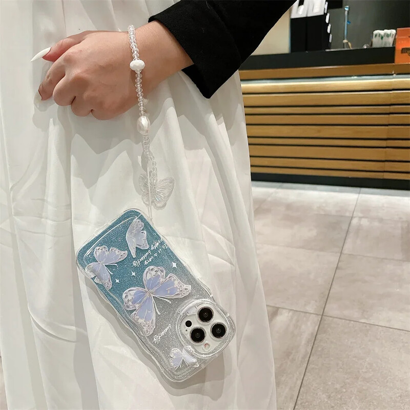 Блестяща пеперуда градиент калъф за шнур за iPhone 14 13 15 16 Pro Max 12 11 X Xr Xs 8 7 Plus ръка и китка верижка меко вълнообразно покритие