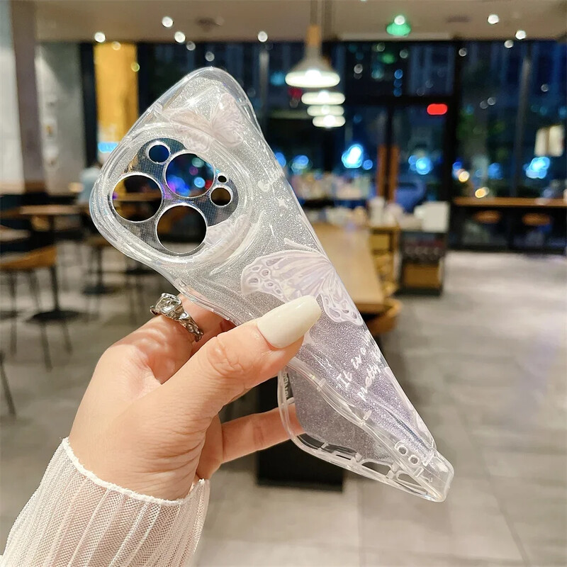 Блестяща пеперуда градиент калъф за шнур за iPhone 14 13 15 16 Pro Max 12 11 X Xr Xs 8 7 Plus ръка и китка верижка меко вълнообразно покритие