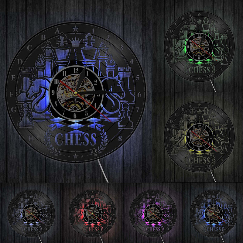 Игра на шах Винилова плоча Стенен часовник Шахматна дъска Античен часовник с модерен дизайн Шах клуб Висящ знак за арт декор Подарък за любителите на шаха