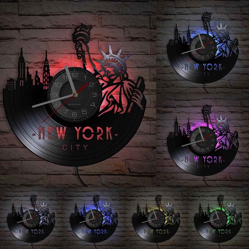 New York City Famous Mark Cityscape Vinyl Ploča Zidni sat USA NY Skyline Art Living Room Decor Satovi Turistički suveniri