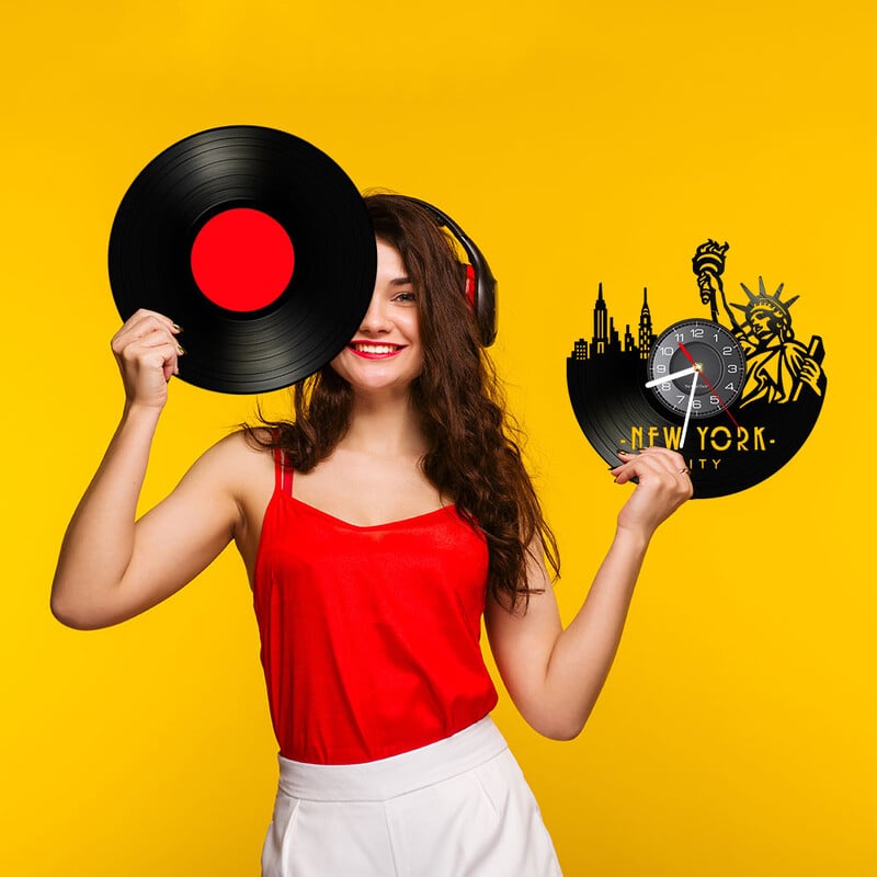 New York City Famous Mark Cityscape Vinyl Ploča Zidni sat USA NY Skyline Art Living Room Decor Satovi Turistički suveniri