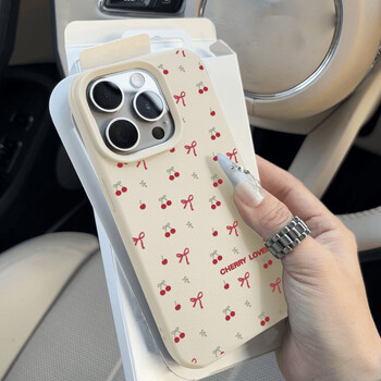 Θήκη Cherry Phone Case για iPhone 11 Θήκη iPhone 13 15 16 Pro 12 14 Pro Max 15 16 Plus Αντικραδασμική μαλακή δερμάτινη κάλυμμα με φιόγκο καρδιάς  