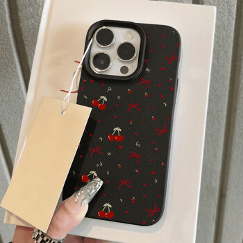 Θήκη Cherry Phone Case για iPhone 11 Θήκη iPhone 13 15 16 Pro 12 14 Pro Max 15 16 Plus Αντικραδασμική μαλακή δερμάτινη κάλυμμα με φιόγκο καρδιάς  