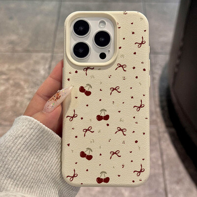 „Cherry“ telefono dėklas, skirtas „iPhone 11“ dėklui „iPhone 13 15 16 Pro 12 14 Pro Max 15 16 Plus“ atsparus smūgiams minkštos odos mielas širdies lanko dangtelis  