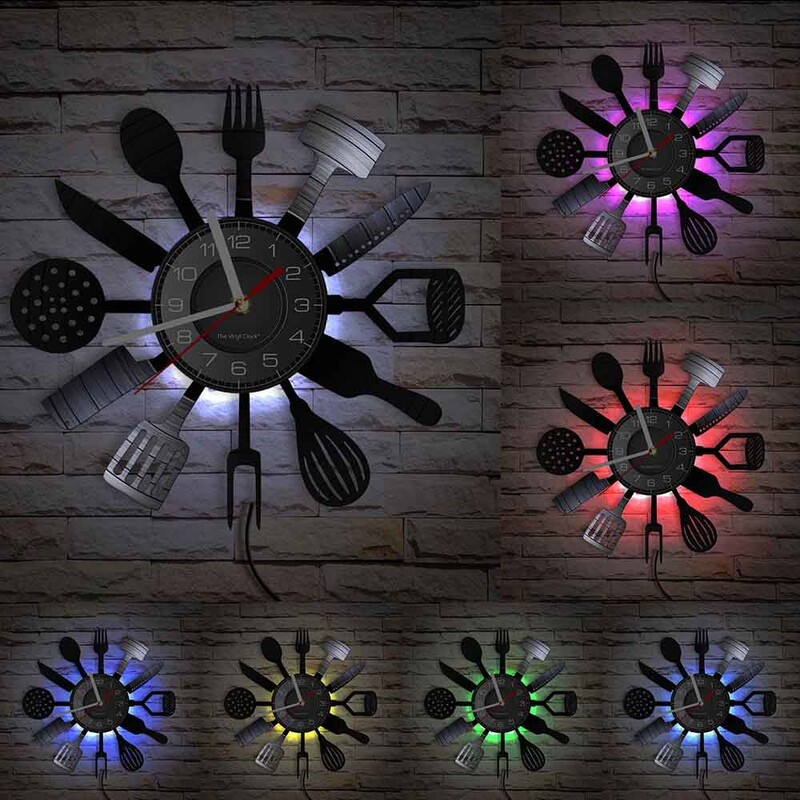 Posuđe Kuhinjski pribor Zidni sat s vinilnom pločom za blagovaonicu Restoran Srebrno posuđe na temu Sretno vrijeme za kuhanje Dekoracija sata