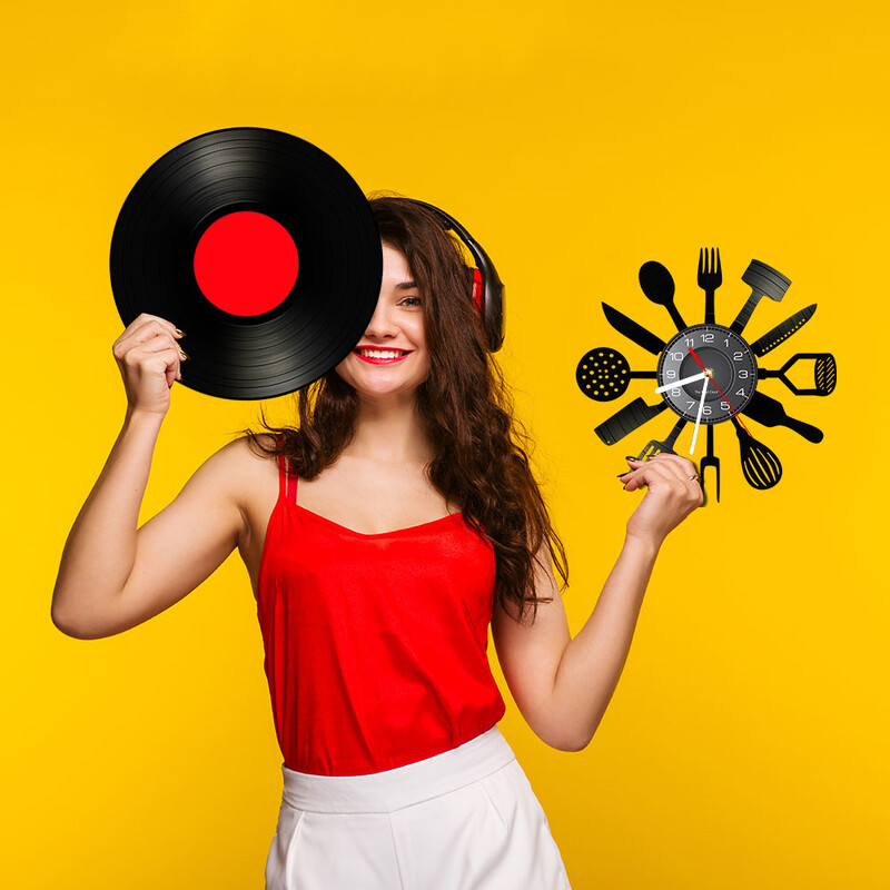 Posuđe Kuhinjski pribor Zidni sat s vinilnom pločom za blagovaonicu Restoran Srebrno posuđe na temu Sretno vrijeme za kuhanje Dekoracija sata