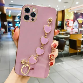 Fashion Plating Love Heart Bracelet Chain Case for iPhone 15 14 12 11 13 Pro Max X XS 13pro 14pro 7 8 Plus Κάλυμμα θήκης αντικραδασμικής