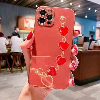 Fashion Plating Love Heart Bracelet Chain Case for iPhone 15 14 12 11 13 Pro Max X XS 13pro 14pro 7 8 Plus Κάλυμμα θήκης αντικραδασμικής