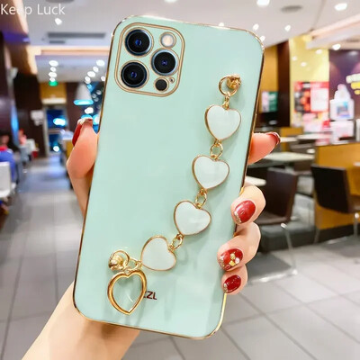 Fashion Plating Love Heart Bracelet Chain Case for iPhone 15 14 12 11 13 Pro Max X XS 13pro 14pro 7 8 Plus Κάλυμμα θήκης αντικραδασμικής